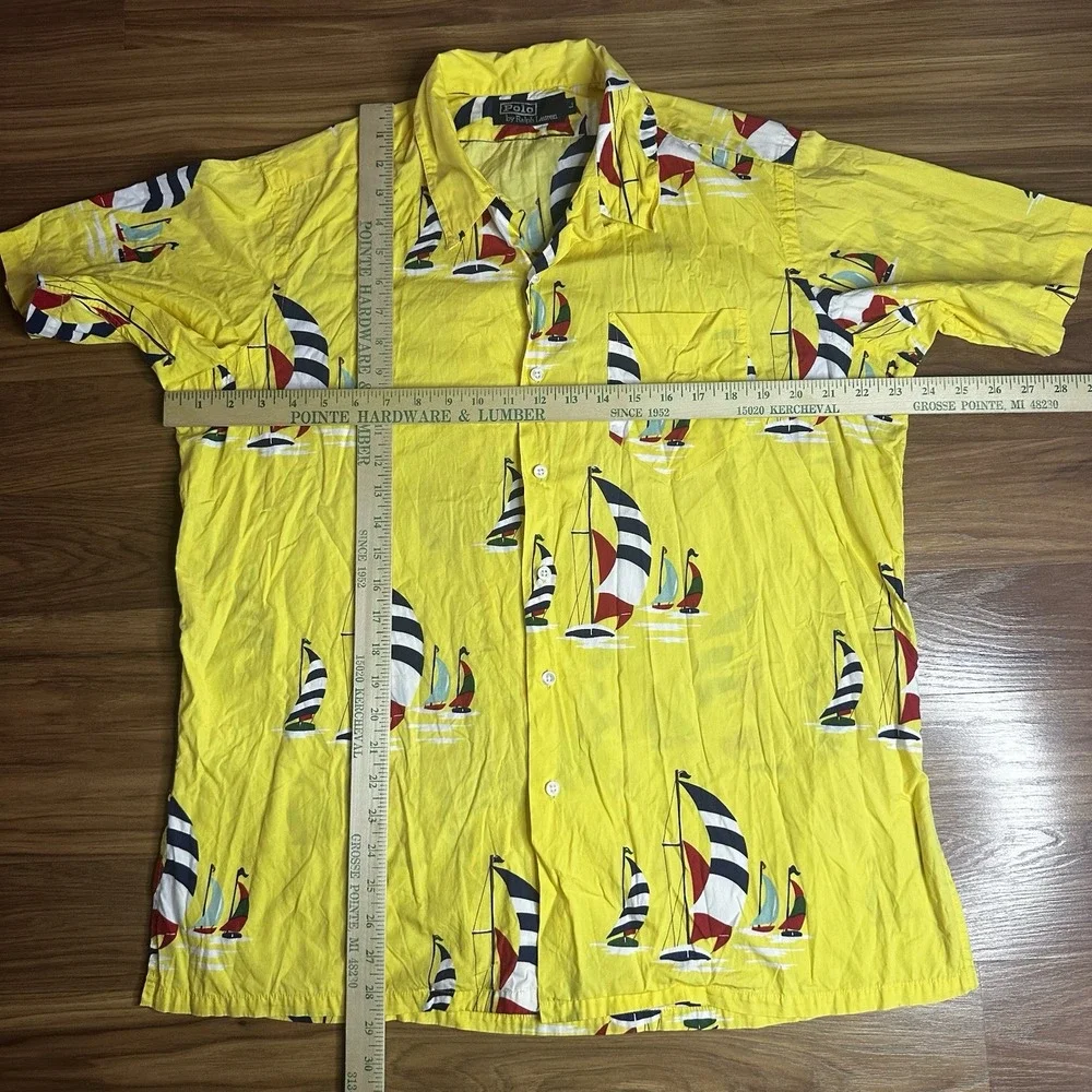 Vintage Polo Ralph Lauren Camp Shirt Large Yellow Sailing Sailboat Loop Collar